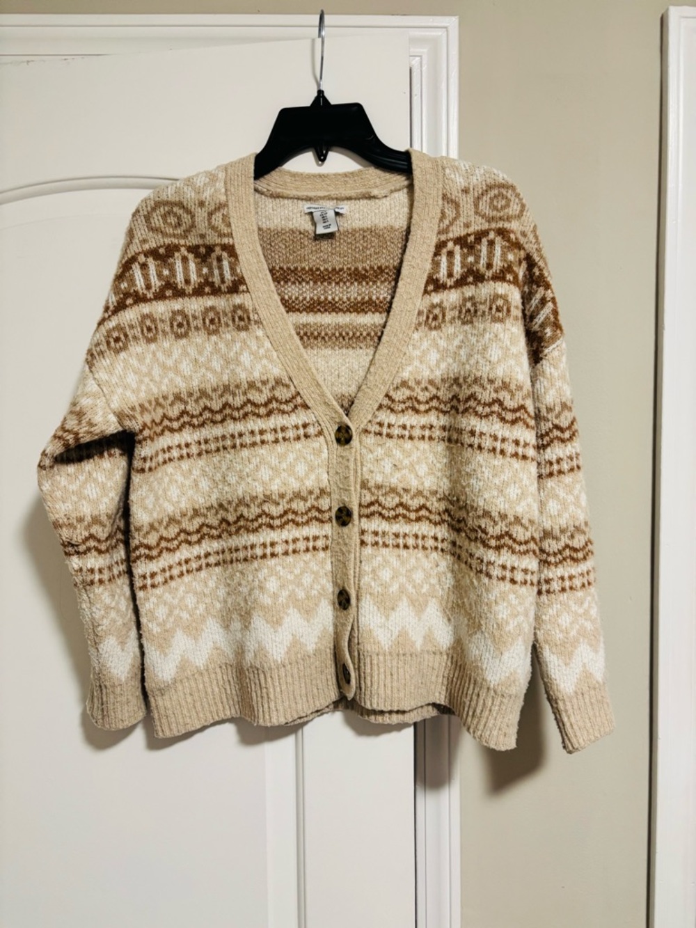 CUPCAKES & CASHMERE, Beige & Brown Patterned Button-Up Cardigan, Size Small